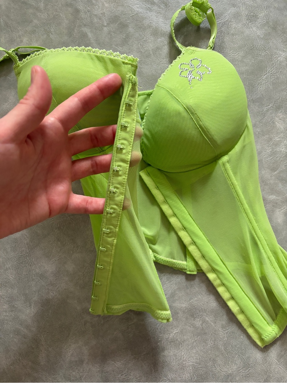 Y2K Lasenza Lime Green Cyber Coquette Baddie Corset Bustier Mesh Bra Top - Picture 12 of 16